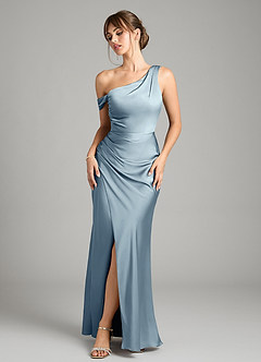Azazie Madelyn Bridesmaid Dresses Dusty Blue Mermaid One Shoulder Stretch Satin Convertible Dress image1