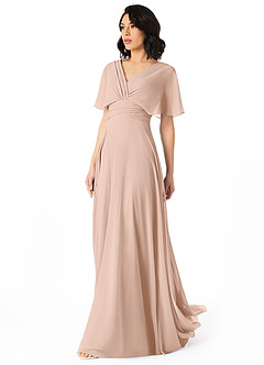 Azazie Pamela Vestidos de damas de honor Vestido Rosa Inglesa de Gasa de Línea A con Cuello en V plisado image3