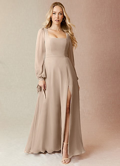 Azazie Leonia Bridesmaid Dresses Taupe A-Line Long Sleeve Chiffon Dress image3