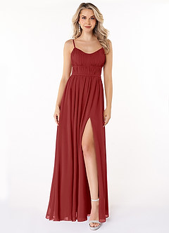 Azazie Yanelie Bridesmaid Dresses Rust A-Line Scoop Pleated Chiffon Dress image1