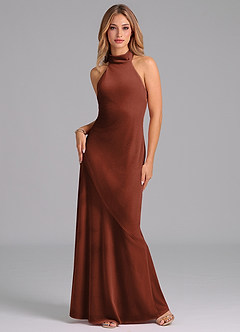 Azazie Velli Probar vestidos en casa Vestido de Terracota de terciopelo de Corte Sirena con Cuello Alto image1