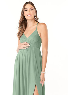 Azazie Annabelle At-home Try On Dresses A-Line V-Neck Pleated Mesh Floor-Length Dress image6