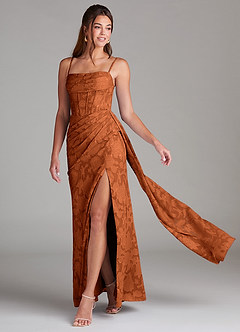 Azazie Denisa Bridesmaid Dresses Burnt Orange Sheath Pleated Floral Burnout Dress image1