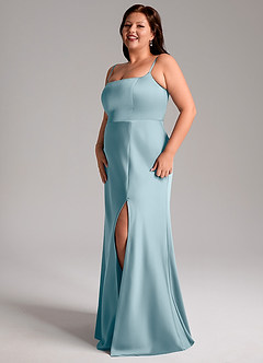 Azazie Lidia Bridesmaid Dresses Moody Blue Mermaid Side Slit Stretch Satin Dress image11