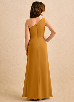 Azazie Sophie Girls Formal Robe Demoiselle D'honneur Fillette Robe Fourreau en Mousseline de soie Une épaule Caramel écossais image3