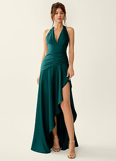 Titania Peacock Satin V-neck Ruffled Prom Dress image3