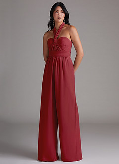 Azazie Lamara Bridesmaid Dresses Pomegranate Off the Shoulder Chiffon Convertible Jumpsuit image8