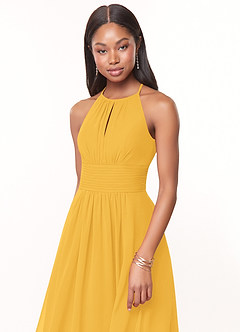 Azazie Bonnie Bridesmaid Dresses Marigold A-Line Keyhole Ruched Chiffon Dress image5