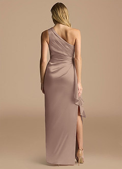 Azazie Saira Final Sale Taupe Sheath One Shoulder Metallic Satin Dress image2