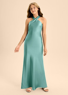 Azazie Doretta Junior Aqua A-Line Pleated Stretch Satin Dress image4