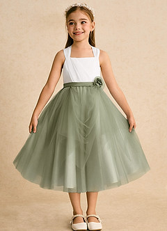 Azazie Bonny 플라워 걸 드레스 볼가운 주름진 얇실버 명주 그물 티 길이 드레스 image7