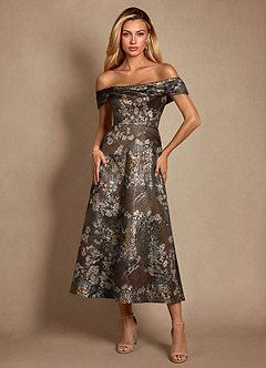 Azazie Maricela Mother of the Bride Dresses Mocha Coco A-Line Off the Shoulder Jacquard Dress image1