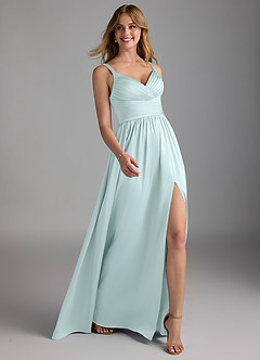 Azazie Chanel Final Sale Sea Glass A-Line Pleated Stretch Satin Dress image6