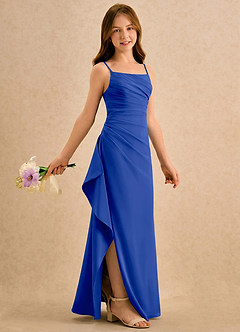 Azazie Cannoli Girls Formal Robe Demoiselle D'honneur Fillette Robe Trapèze en Mousseline de soie Plissée Bleu Roi image1
