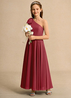 Azazie Guppy Girls Formal Flower Girl Dresses Pomegranate A-Line One Shoulder Chiffon Dress image6