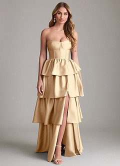 Azazie Faye Bridesmaid Dresses Champagne A-Line Ruched Stretch Satin Dress image1