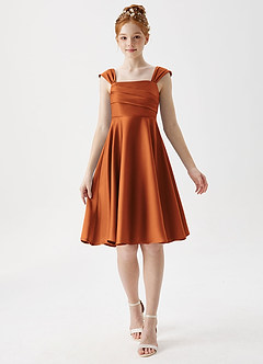 Azazie Amira Junior Cinnamon A-Line Pleated Stretch Satin Dress image1