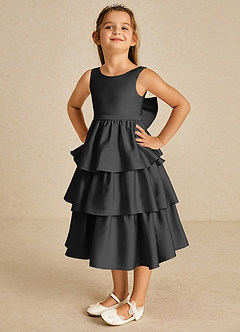 Azazie Margery Flower Girl Dresses Black A-Line Bow Stretch Satin Dress image3