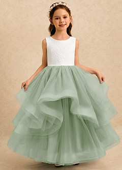 Azazie Madison Abiti da Ragazza di Fiori Abito Principessa in Tulle Pizzo Avorio Salvia Polverosa image3