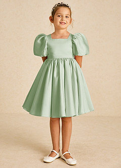 Azazie Muffin Flower Girl Dresses Dusty Sage A-Line with Sleeves Matte Satin Dress image2