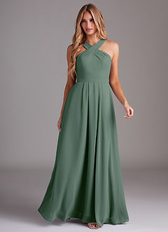 Azazie Dixie Bridesmaid Dresses Eucalyptus A-Line Halter Pleated Chiffon Dress image3