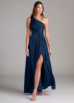 Azazie Brooke Bridesmaid Dresses Dark Navy A-Line One Shoulder Stretch Satin Dress image3