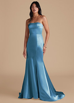 Azazie Aura Vestidos de damas de honor Vestido de Azul Acero de Satén Metálico de Corte Sirena Convertible image6