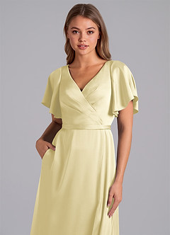 Azazie Ambrosia Bridesmaid Dresses Lemon Sorbet A-Line Pleated Stretch Satin Dress image2