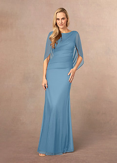 Azazie Belladonna vestidos de madre de la novia Vestido de Azul Acero de Malla de Sirena con Cuello en V Plisado image2