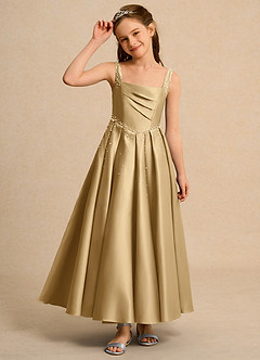 Azazie Mochi Girls Formal vestidos de niña de las flores Vestido de Oro de Satin Mate de Corte Princesa con Plisado image6