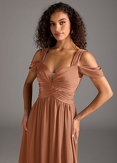 Azazie Lianne Bridesmaid Dresses Bronzer A-Line Off the Shoulder Stretch Satin Dress image3