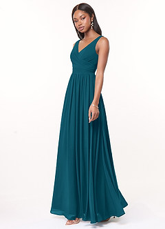Azazie Keyla Brautjungfernkleider A-Linie V-Hals Gefaltet Chiffon Kleid Tintenblau image2