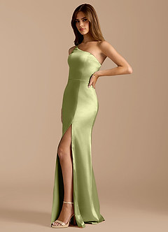 Azazie Trina Bridesmaid Dresses Pistachio A-Line One Shoulder Metallic Satin Dress image5
