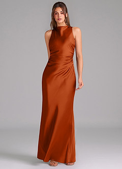 Azazie Evadne Bridesmaid Dresses Burnt Orange Sheath Pleated Stretch Satin Dress image3