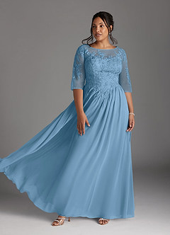 Azazie Mirielle Kleider für die Brautmutter A-Linie Schaufel Spitze Chiffon Kleid Stahlblau image7