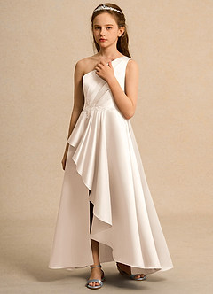 Azazie Taffy Girls Formal Abiti da Ragazza di Fiori Abito A-Line in Raso Opaco Pizzo Alabastro Bianco image5