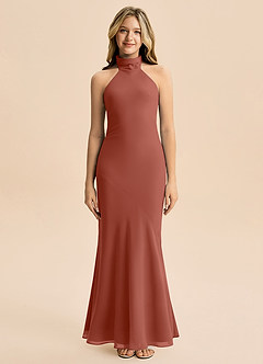 Azazie Velli Junior Meerjungfrau-Linie Hoher Kragen Chiffon Kleid Rotbraun image3