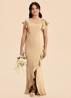 Azazie Demi Junior Champagne Mermaid Bow Stretch Satin Dress image1