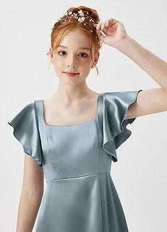 Azazie Bondi Junior Dusty Blue A-Line Side Slit Metallic Satin Dress image5