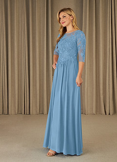 Azazie Mirielle Kleider für die Brautmutter A-Linie Schaufel Spitze Chiffon Kleid Stahlblau image3