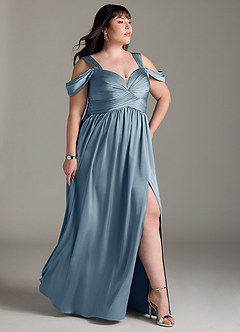 Azazie Lianne Robes de demoiselle d'honneur Robe Trapèze en Satin extensible Épaule décolletée Bleu Poussiéreux image12