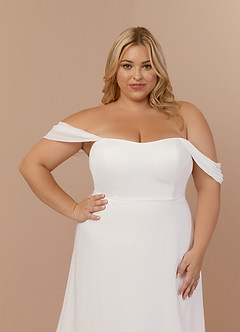 Azazie Ava At-home Try On Dresses Diamond White A-Line Off the Shoulder Stretch Chiffon Dress image13