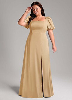Azazie Fyona Bridesmaid Dresses Gold A-Line Pleated Stretch Satin Dress image11