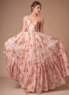 Halame Apricot Multi Sleeveless Floral A-Line Gown image6