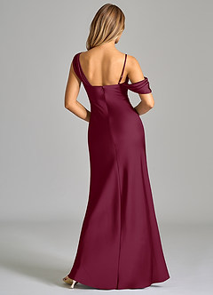 Azazie Celina Bridesmaid Dresses Mulberry Sheath Off the Shoulder Stretch Satin Dress image2