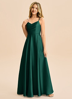 Azazie Rumi Junior Abito A-Line in Raso Elasticizzato Plissettato Smeraldo image3