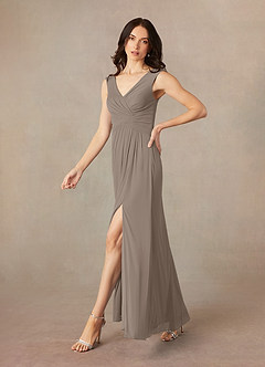 Azazie Andi Final Sale Taupe A-Line Pleated Mesh Dress image2