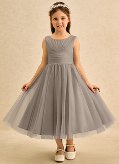 Azazie Macaron Robe Demoiselle D'honneur Fillette Robe Trapèze en Tulle Plissé Taupe image3