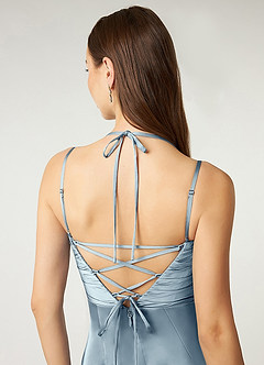 Azazie Desi Bridesmaid Dresses Dusty Blue Sheath Halter Corset Stretch Satin Dress image3