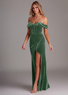 Azazie Jas Jurken voor bruidsmeisjes Converteerbaar Jurk van flueel met Kolom Off-the-shoulder korset Eucalyptus image3